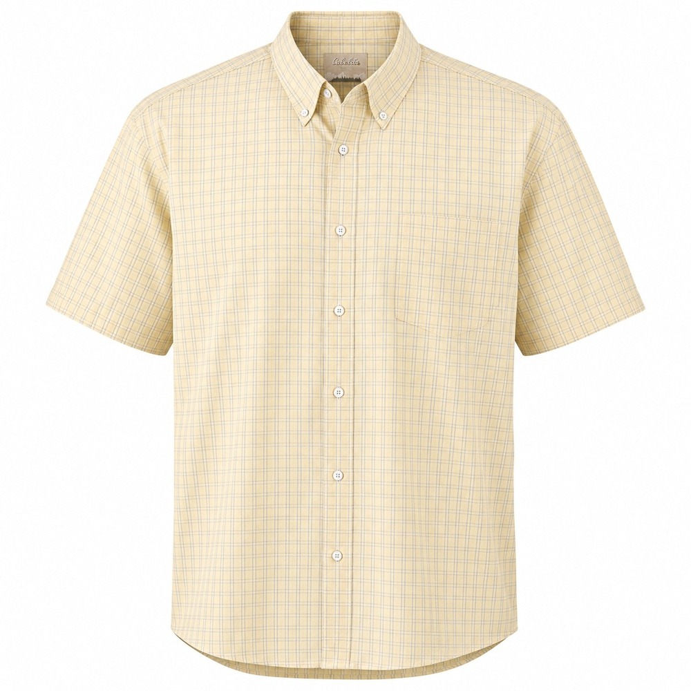 Cabela Mens Yellow Plaid Button Down Short Sleeved Shirt Outdoor Casual Casual